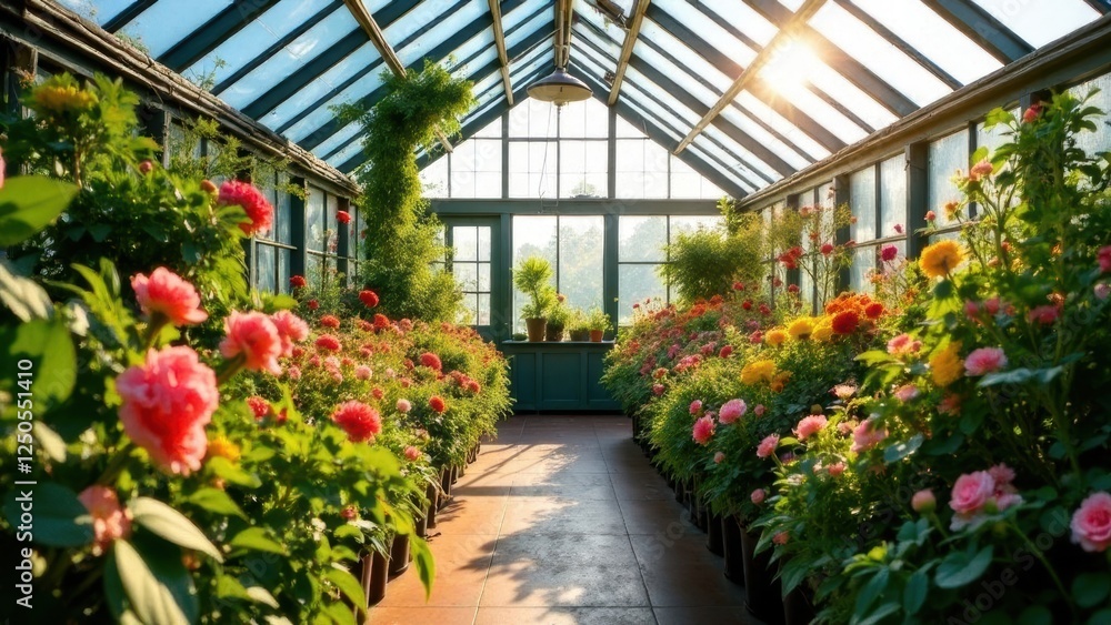 Greenhouse with vibrant flowers and sunlight streaming in Greenhouse with vibrant flowers and sunlight streaming in