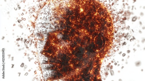 An abstract representation of a human head exploding with numerical data, symbolizing the overwhelming influx of information in today's digital age, a striking visual metaphor.