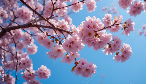 Delicate Pink Cherry Blossoms Bloom Against a Vibrant Blue Sky