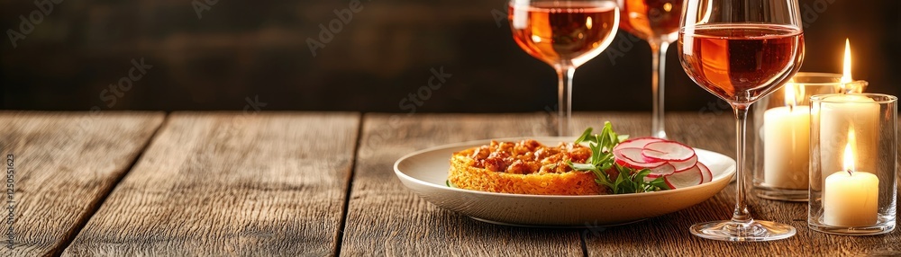 Naklejka premium A cozy dining setup featuring a plate of food, glasses of rose wine, and candles on a rustic wooden table.