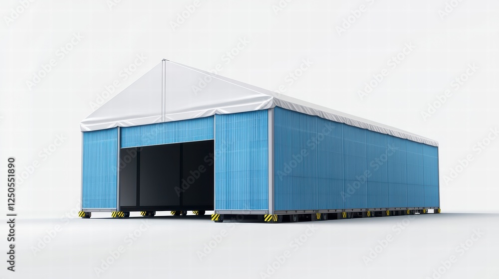 Obraz premium Large Blue and White Temporary Structure: A spacious temporary structure, predominantly blue with a white peaked roof, stands ready for use. Its large opening suggests versatility and ease of access.