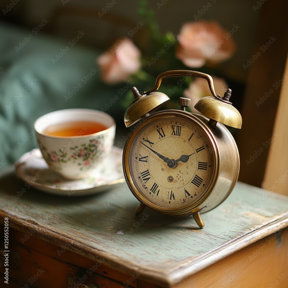 An old-fashioned mechanical alarm clock with brass bells, sitting on a vintage nightstand with a cup of tea An old-fashioned mechanical alarm clock with brass bells, sitting on a vintage nightstand with a cup of tea