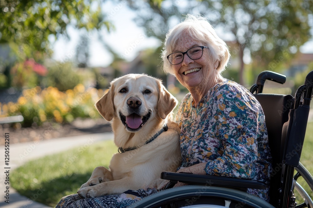 Elderly woman in a wheelchair smiling joyfully while cuddling her happy Labrador dog in a sunny park Elderly woman in a wheelchair smiling joyfully while cuddling her happy Labrador dog in a sunny park