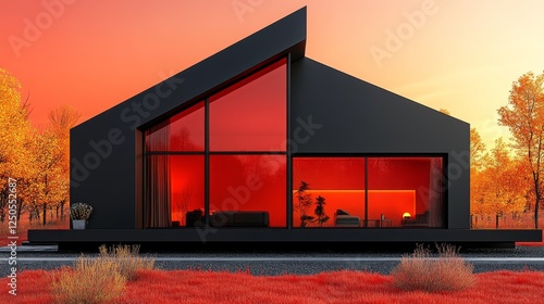 Modern black house with large windows in autumn landscape at sunset