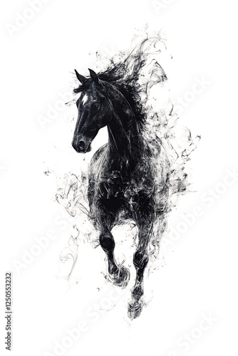 Majestic Black Horse Emerging from Whimsical Smoke Clouds