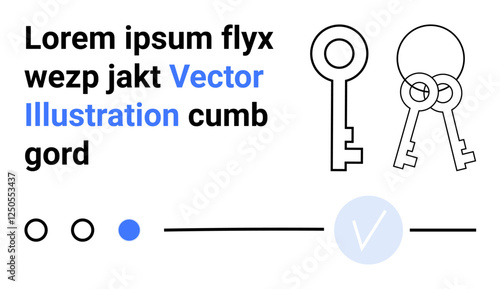 Bold black text, outlined and filled key graphics, blue checkmark within circle, lines and dots. Ideal for technology, security, password management, access control, digital keys authorization