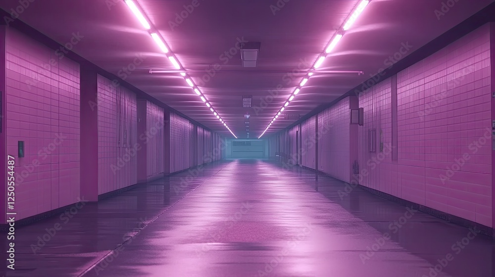 Pink neon hallway, school corridor, empty, night, mysterious atmosphere, background, perfect for a thriller or sci-fi setting Pink neon hallway, school corridor, empty, night, mysterious atmosphere, background, perfect for a thriller or sci-fi setting
