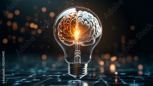 Brain Inside Light Bulb with Glowing Split