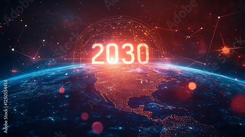 Glowing 2030 over Earth, futuristic concept.