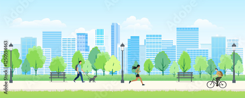 City park with people, dog and bicycles. People in a city park, a runner and a cyclist. Benches in a city park. Pedestrian street, business district of the city with office buildings and skyscrapers.