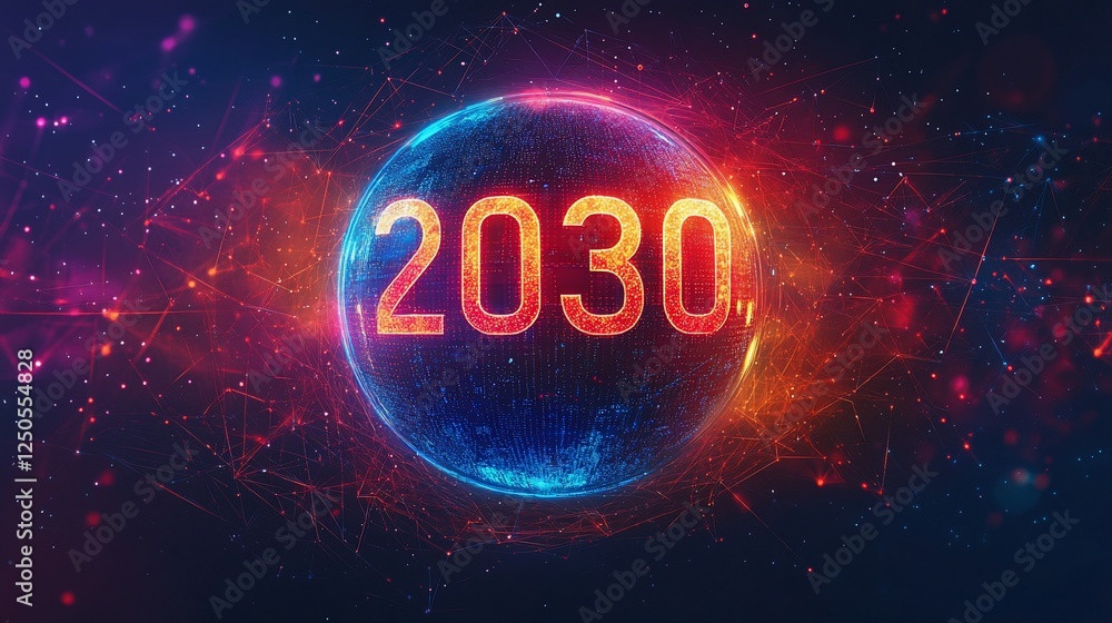 Glowing 2030 sphere in futuristic space. Glowing 2030 sphere in futuristic space.