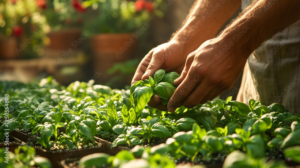 Harvesting Fresh Basil in Garden Harvesting Fresh Basil in Garden