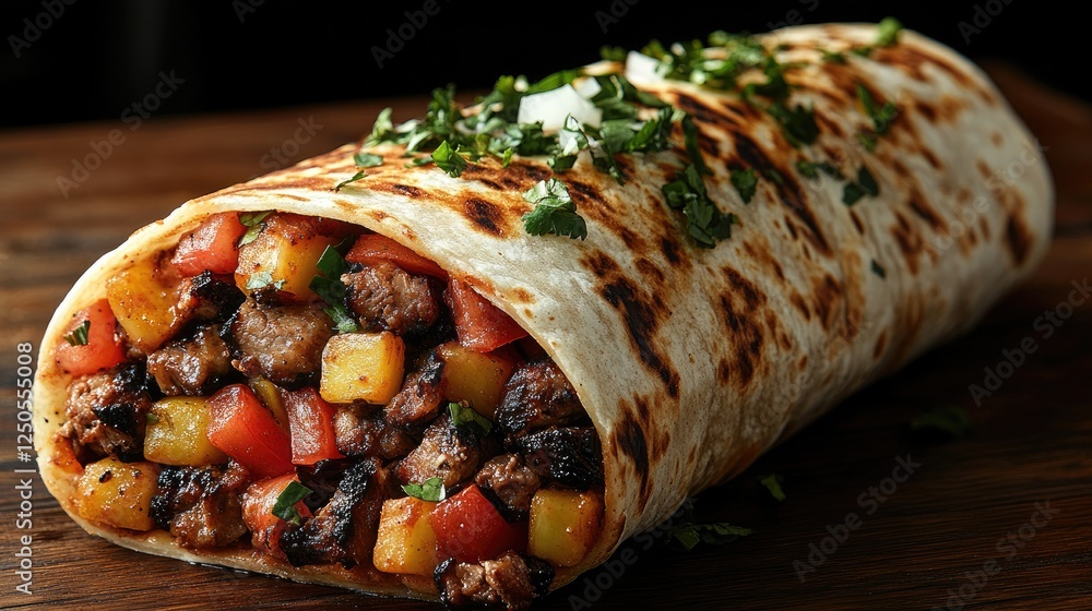 A freshly wrapped burrito lying on a dark surface, emitting steam. A freshly wrapped burrito lying on a dark surface, emitting steam.