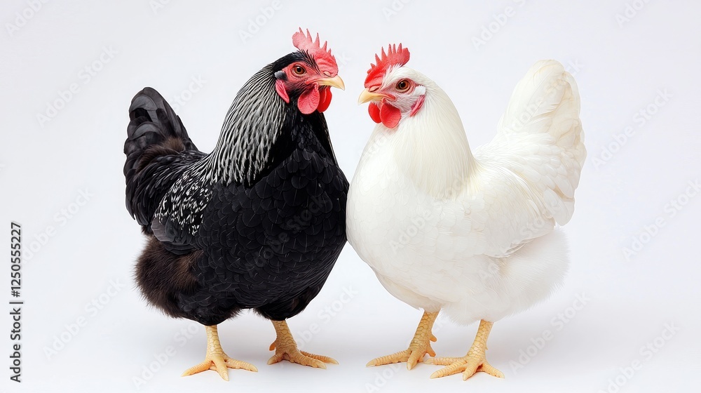 Fototapeta premium Charming chickens displaying unique features farm setting animal photography vibrant colors close-up poultry diversity