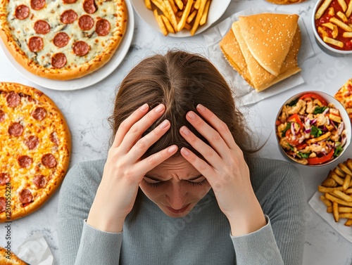 Stressed woman surrounded by fast food symbolizing binge eating and food addiction struggles