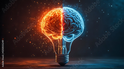 Split Brain Concept in Light Bulb with Fire and Ice