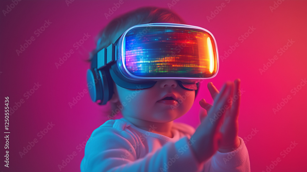 Baby interacting with vibrant digital world through virtual reality headset in colorful light setting. AI Generated Images
Baby interacting with vibrant digital world through virtual reality headset in colorful light setting. AI Generated Images
