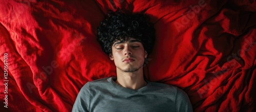 Young man with curly hair lying on red blanket in bed depicting loneliness and boredom with space for text above his head