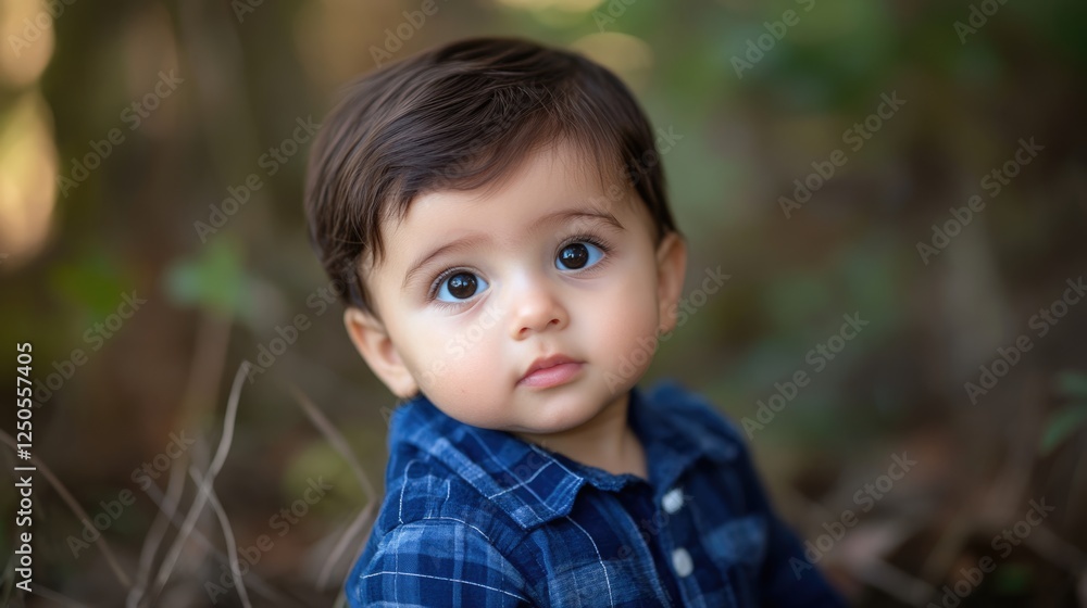 Adorable baby boy with captivating eyes gazes at the camera in a natural outdoor setting showcasing innocence and curiosity. Adorable baby boy with captivating eyes gazes at the camera in a natural outdoor setting showcasing innocence and curiosity.