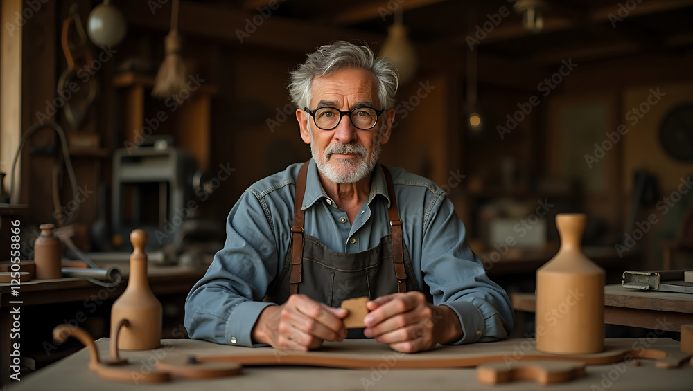 Elderly Craftsman in a Rustic Workshop – Master Artisan at Work, Generative ai Elderly Craftsman in a Rustic Workshop – Master Artisan at Work, Generative ai