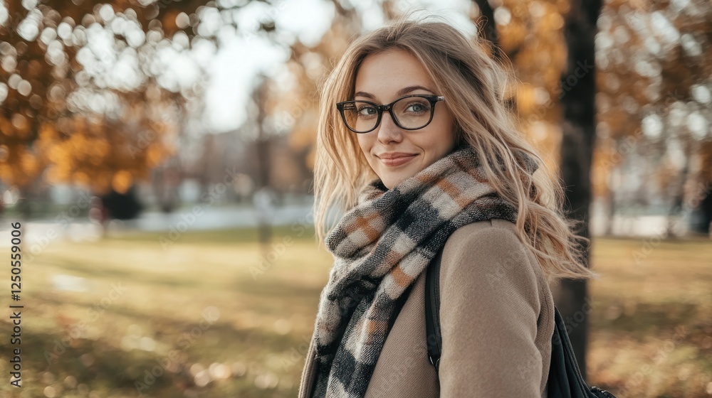 Charming young woman enjoying a crisp autumn day in the park with glasses Charming young woman enjoying a crisp autumn day in the park with glasses