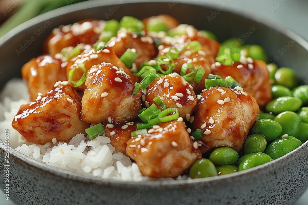 Glazed chicken, rice, edamame, sesame seeds, and green onions in a bowl. Perfect for food blogs, restaurant menus, and cooking websites. Glazed chicken, rice, edamame, sesame seeds, and green onions in a bowl. Perfect for food blogs, restaurant menus, and cooking websites.
