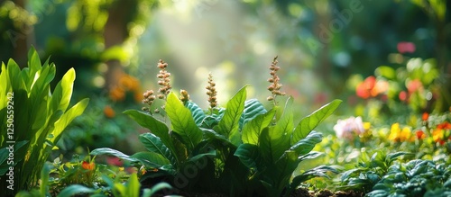 Lush herbal garden featuring vibrant parijoto plants illuminated by soft sunlight creating a tranquil and serene atmosphere. photo