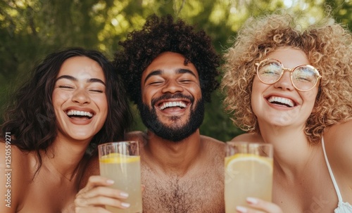 Vibrant Outdoor Social Gathering Diverse Young Adults Enjoying Fresh Lemonade - Capturing Joyful Summer Lifestyle for Modern Beverage Marketing and Inclusive Brand Representation photo