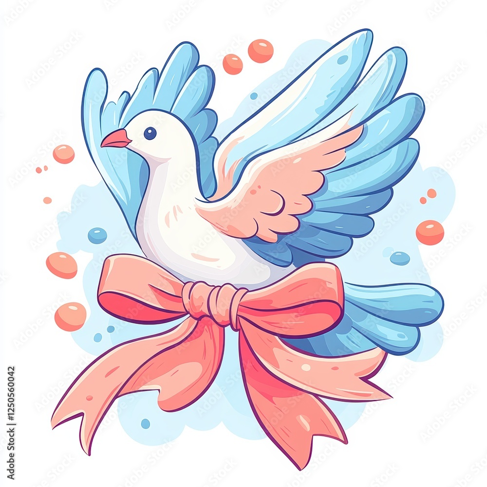 Fototapeta premium A colorful, cartoon-style dove with blue and pink accents, adorned with a pink ribbon, surrounded by playful bubbles.