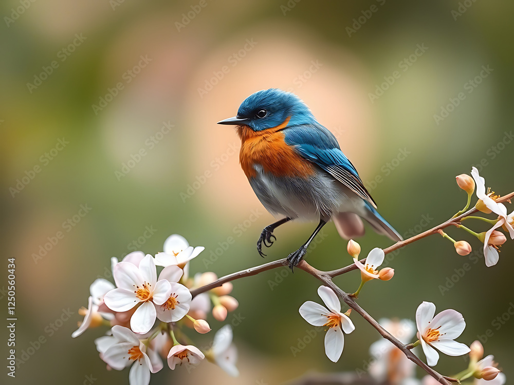 vibrant bluebird perched on a delicate branch, surrounded by soft pastel-colored flowers vibrant bluebird perched on a delicate branch, surrounded by soft pastel-colored flowers