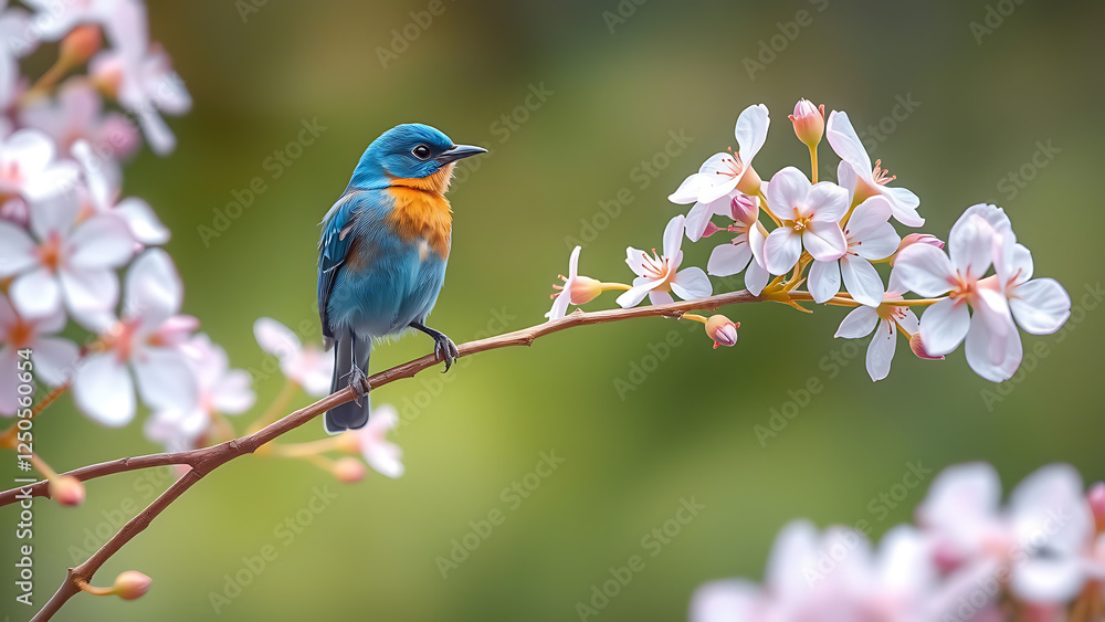 vibrant bluebird perched on a delicate branch, surrounded by soft pastel-colored flowers vibrant bluebird perched on a delicate branch, surrounded by soft pastel-colored flowers
