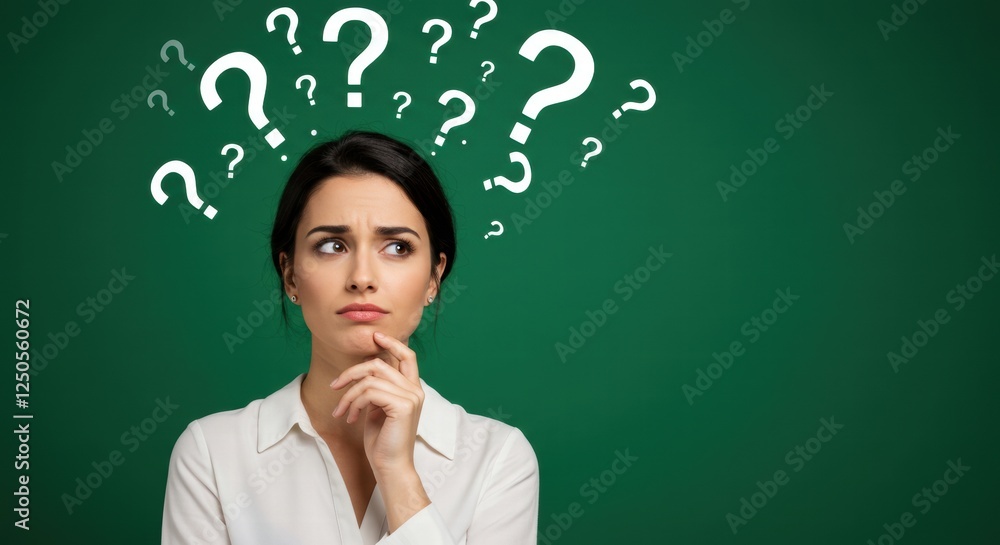Close up of a young woman with a confused expression, many question mark symbols appear around her. Close up of a young woman with a confused expression, many question mark symbols appear around her.