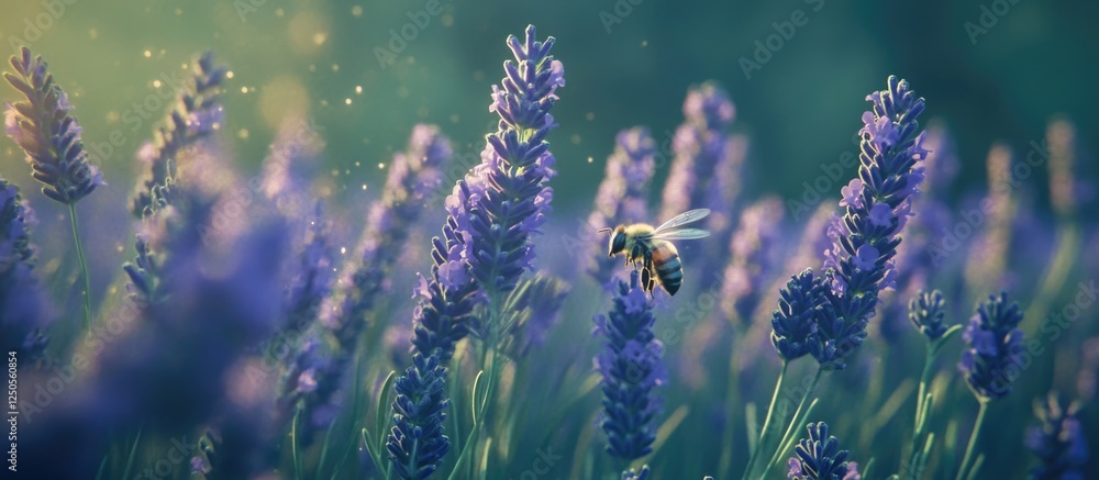 Obraz premium Lavender flowers in bloom with a bee, creating a serene floral background texture for nature and pollination themes