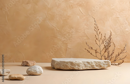 Abstract nature scene Stone podium composition and dry flower on beige brown background for cosmetic, beauty product branding, perfume, skin care and cosmetic backdrop. Copy space, front view