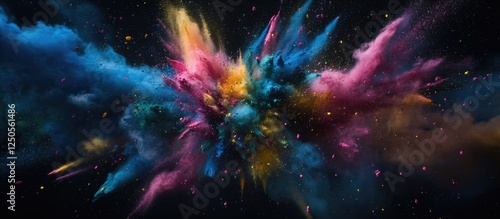 Colorful powder explosion on black background showcasing vibrant hues in dynamic motion with abstract artistic flair. photo