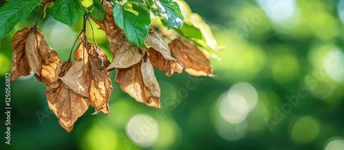 Dried leaves clinging to a tree branch during summer against a blurred green background depicting seasonal transition. photo