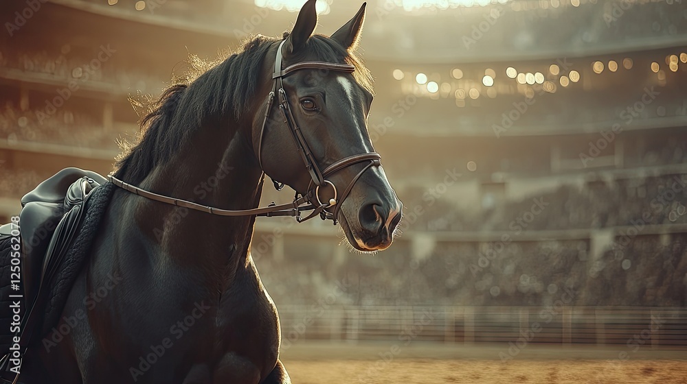 Naklejka premium Majestic black horse in stadium, sunset, crowd. Equestrian sports photography