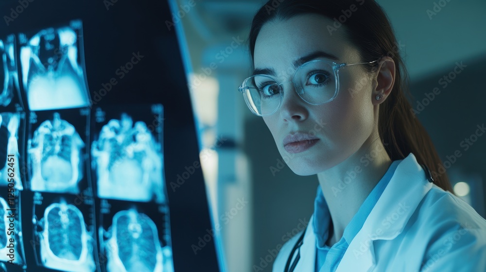 Female doctor analyzes high-resolution x-rays in professional medical environment Female doctor analyzes high-resolution x-rays in professional medical environment