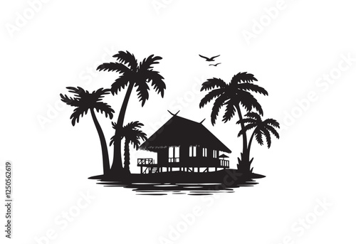 hut by the ocean vector silhouette maldives island. palm landscape with house vector silhouette