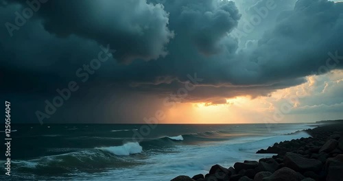dramatic, stormy sky with dark gray, ominously textured clouds, set against a turbulent sea backdrop, capturing the intense, rainy weather of a hurricane, professional-quality B-roll footage