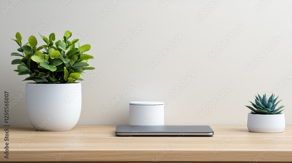 Modern desk setup with green plants and laptop in minimalist office space Modern desk setup with green plants and laptop in minimalist office space