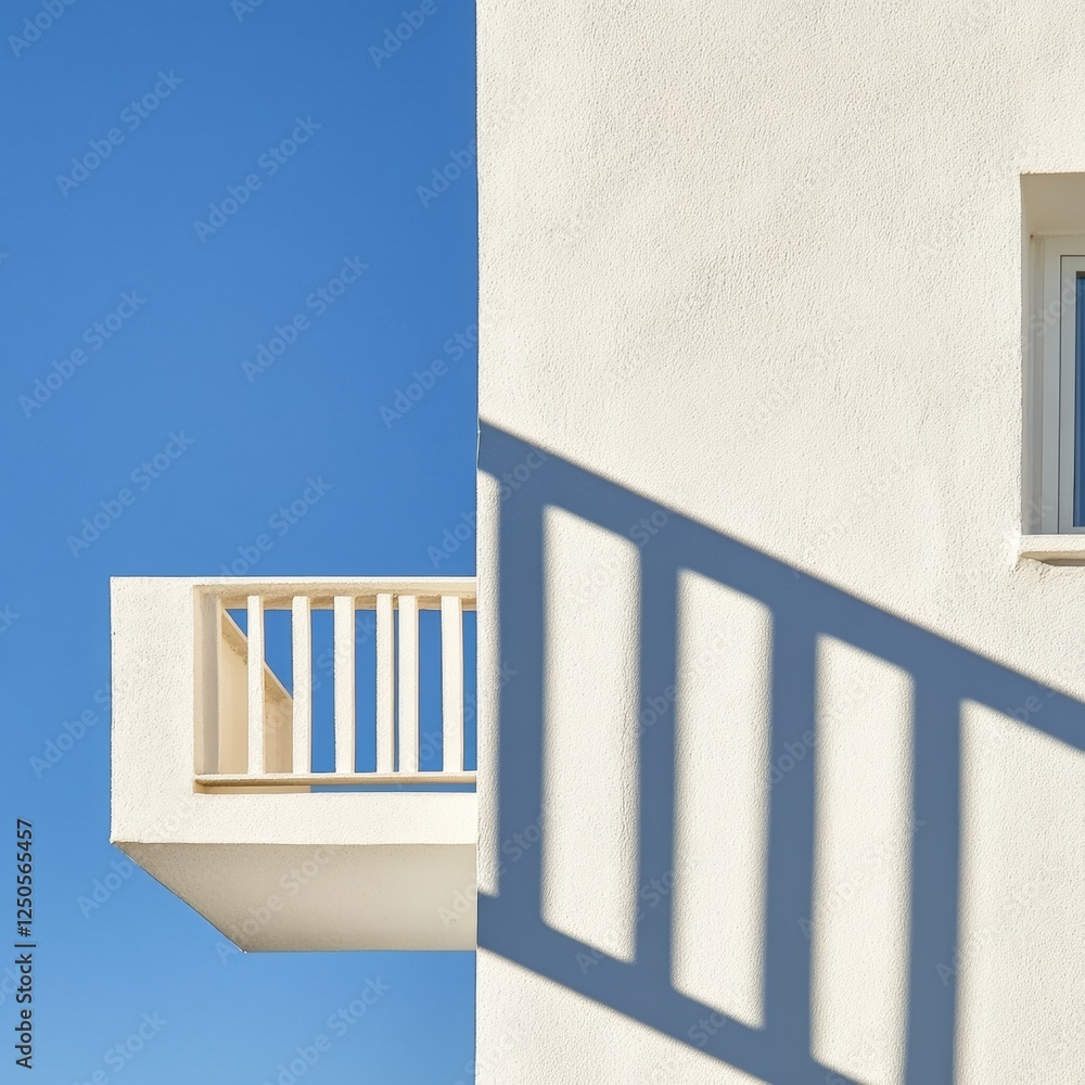 Naklejka premium Minimalist Urban Micro-Apartment Design Geometric Shadows on White Wall - Compact Living Solutions and Contemporary Real Estate Marketing