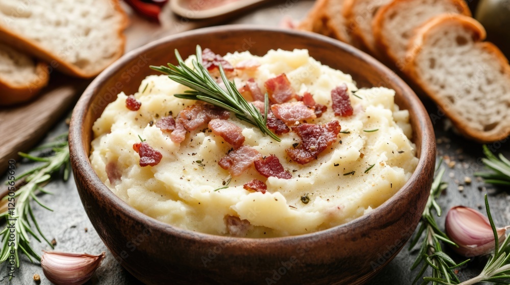 Creamy mashed potatoes topped with crispy bacon and rosemary served with slices of fresh bread on a rustic wooden background. Creamy mashed potatoes topped with crispy bacon and rosemary served with slices of fresh bread on a rustic wooden background.