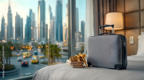 A sleek and stylish suitcase sits on a desk with a breathtaking view of the bustling city skyline visible through the hotel window  This image captures the essence of modern business travel photo