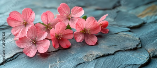 Pink flowers resting on a textured stone surface creating a serene and natural wallpaper design for home or office decor.