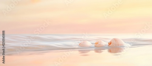 Fototapeta Naklejka Na Ścianę i Meble -  Gentle waves caressing a sandy beach at sunset with delicate seashells reflecting the tranquil atmosphere of the Baltic Sea.