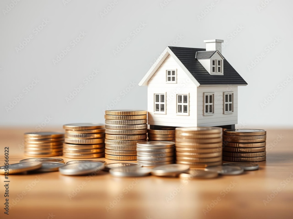 Hyperrealistic house model next to stacked coins representing investment in real estate, professional magazine-quality composition, coins, hyperrealistic Hyperrealistic house model next to stacked coins representing investment in real estate, professional magazine-quality composition, coins, hyperrealistic