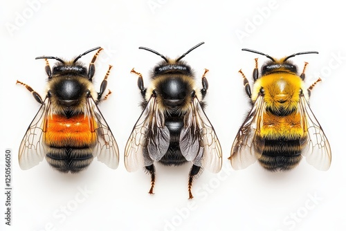 Three bumblebees with varying coloration, viewed from above on a white background. Illustrates the diversity within bumblebee species for educational or scientific purposes. photo