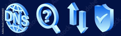 network security icon set, DNS, help, search, 3d vector isometric illustration