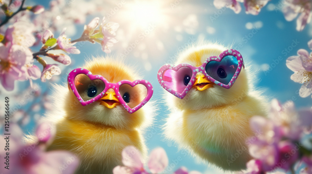Fototapeta premium Two fluffy chicks with oversized, colorful heart-shaped sunglasses soar through the sky, creating a lively and cheerful scene. Bright, soft lighting enhances the joyful spring atmosphere.